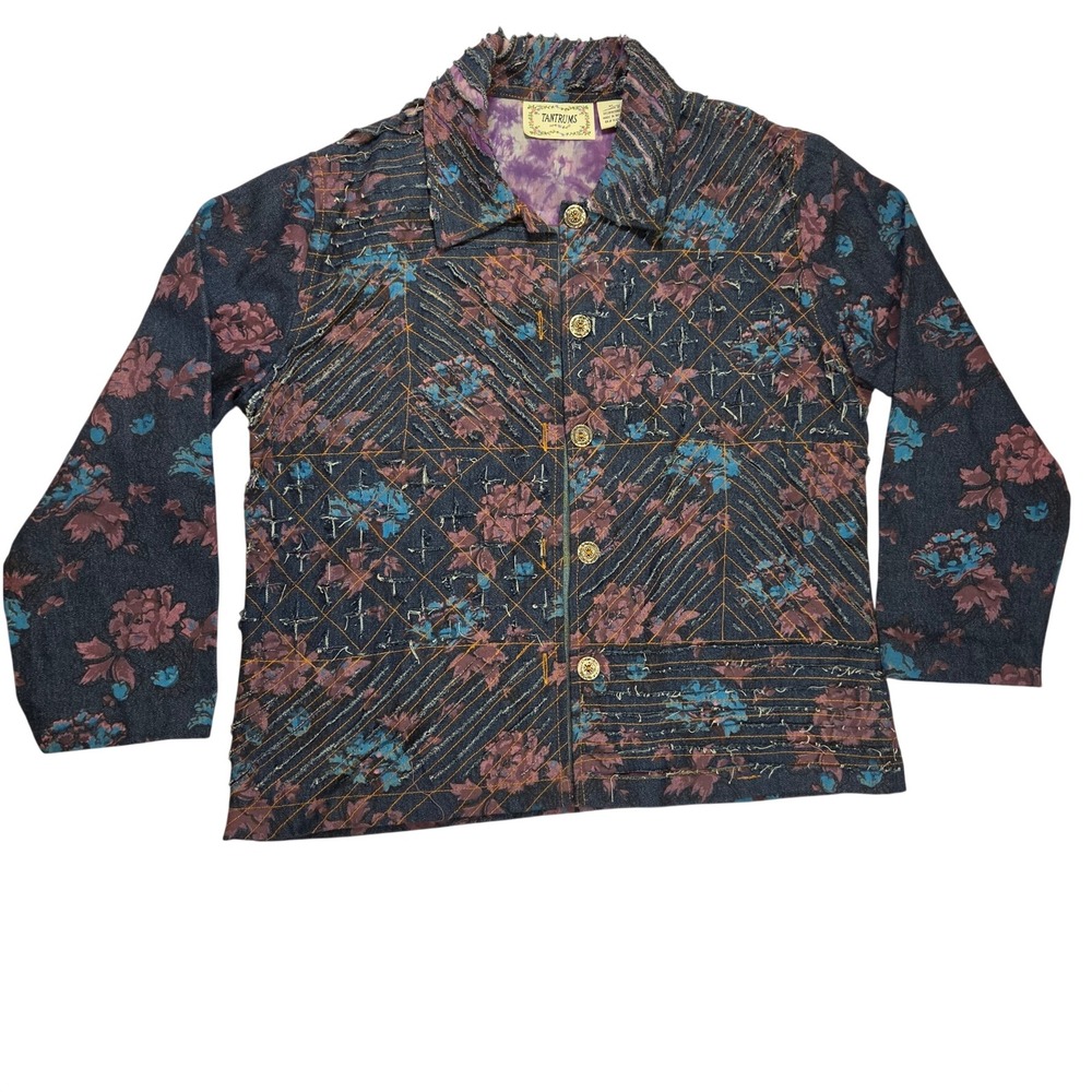 Tantrums Denim Jacket embroidered‎ shredded button up floral printed jacket M